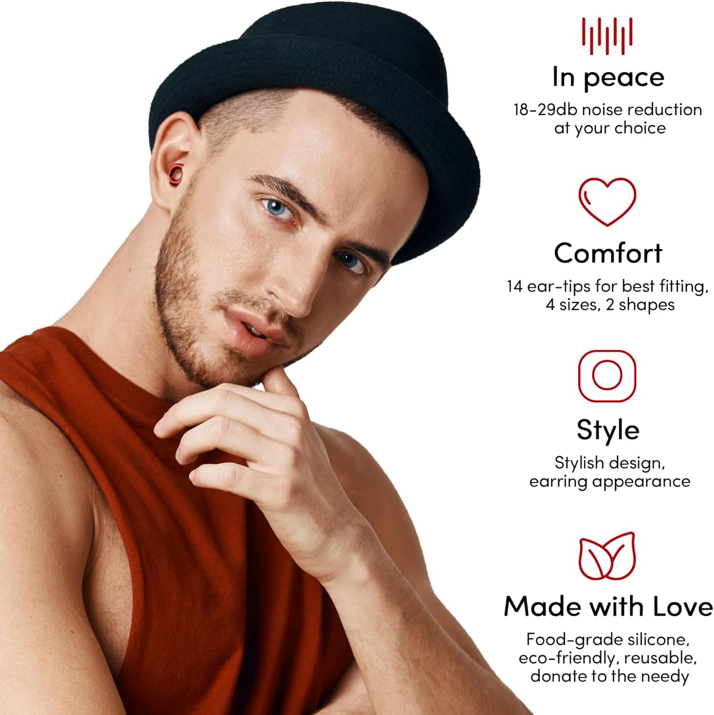 Audree Style Ear Plugs for Noise Reduction, Reusable High Fidelity Earplugs for Concerts, Musicians, Motorcycles, Study, Parent, Party, Flights & Noise Sensitivity, 18-29dB Noise Cancelling (Red)