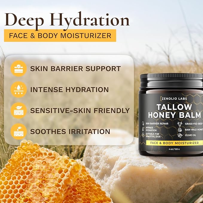 Organic Beef Tallow for Skin Face - Tallow and Honey Balm for Face - Whipped Grass-Fed Moisturizer with Raw Honey & Beeswax - Hydrating Body Cream for Dry, Cracked and Sensitive Skin