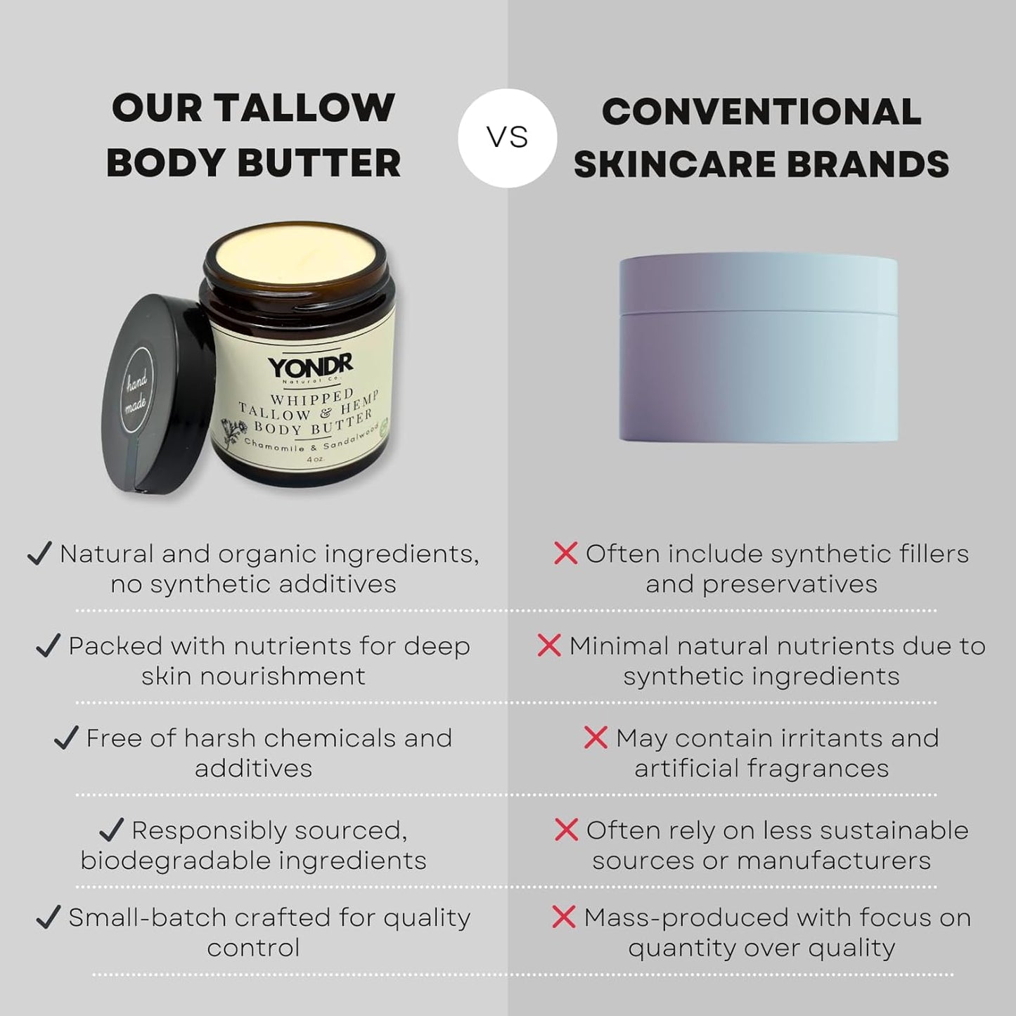 Tallow & Hemp Body Butter – Whipped Grass‑Fed Tallow + Hemp Seed Butter – Calming Chamomile/Sandalwood/Lavender – Deep Hydration for Dry & Sensitive Skin (2 oz)