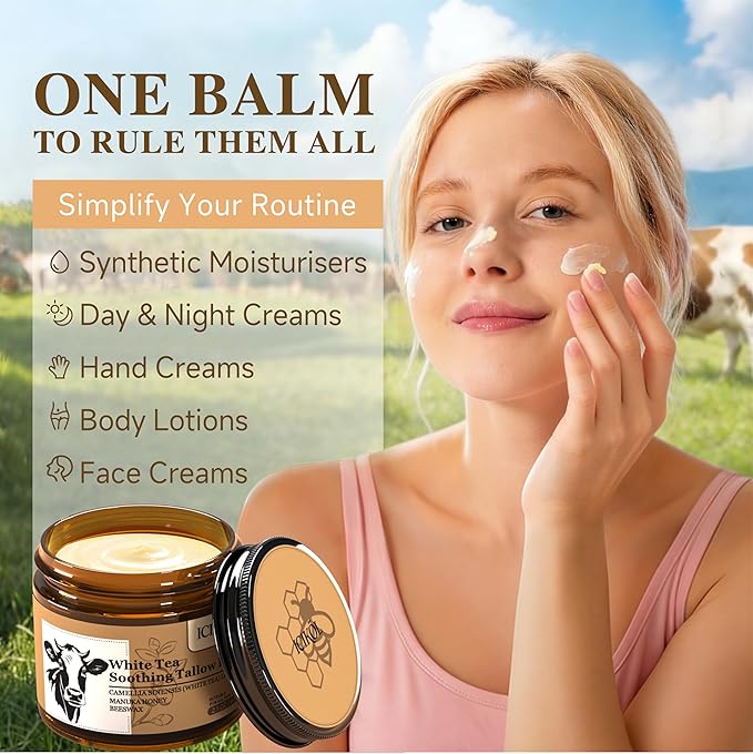 White Tea Grass-Fed Beef Tallow Balm for Men - Whipped Tallow Face Moisturizer & Beard Balm with Manuka Honey - Natural After Shave Care for Dry & Sensitive Skin, 2.1 oz