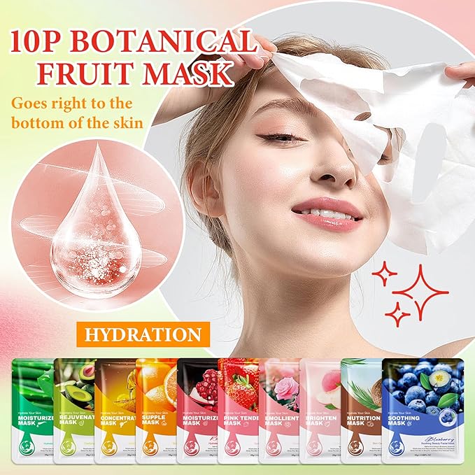 10 Pack Variety Facial Sheet Masks Skin Care Set, Hydrating Bulk Sheet Face Masks Skincare Gifts Set for Women Men, Long Lasting Moisturizing Face Mask Skincare for All Skin Type（C3)