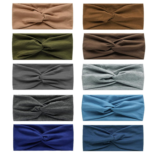 10 Pcs Wide Absorbent Sport Headbands for Women, Non-slip, Stretchy, Soft Cotton Twist Knotted Hair Bands for Daily Workout Yoga Running Sports, AC