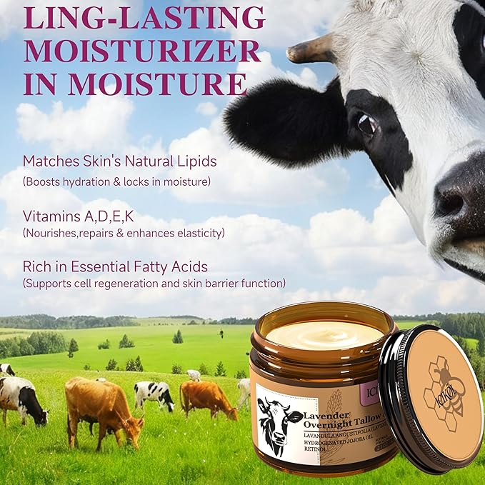 Lavender Grass-Fed Beef Tallow Balm for Men - Whipped Tallow Face Moisturizer & Beard Balm with Manuka Honey - Natural After Shave Care for Dry & Sensitive Skin, 2.1 oz