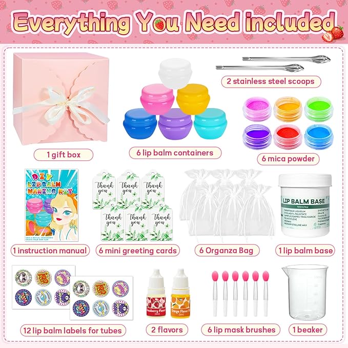 DIY Lip Balm Making Kit，Christmas Gift Idea for 8-12 Tweens & Teens,Gifts for Girls - Natural Lip Care Craft, Make Your Own Lip Balm with 2 Flavors,6 Color and Cute Stickers