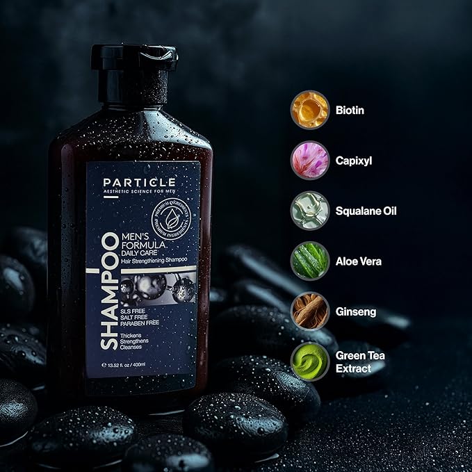 Particle Hair Thickening Shampoo for Men, Men’s Shampoo, Cleansing Formula Made with Biotin, Capixyl, Redensyl, Ginseng and Green Tea Extract for Hair Strength Support, Paraben Free, 400 mL