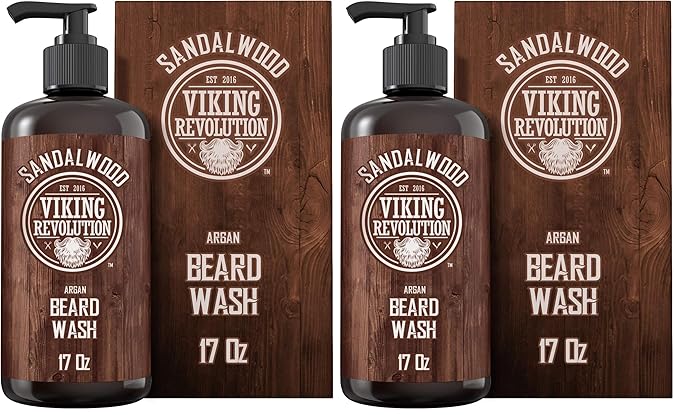 Viking Revolution Beard Wash Shampoo w/Argan & Jojoba Oils - Softens & Strengthens - Sandalwood Scent - 17 oz Shampoo (Pack of 2)