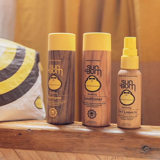 Sun Bum Hair Care Travel Essentials Kit - Revitalize Your Hair With Revitalizing Shampoo, Conditioner, and 3-in-1 Leave In Treatment - Includes Aloha Collection Travel Pouch