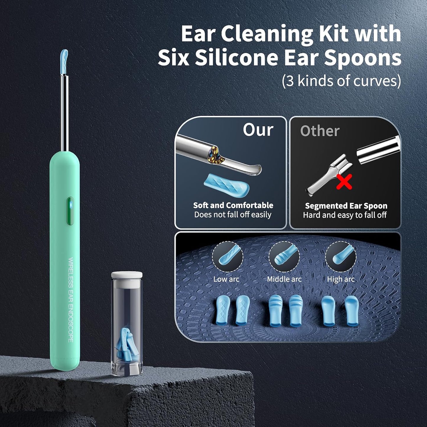 Ear Wax Removal, Ear Cleaner with Camera and Light, Ear Wax Removal Kit with 8 Pcs Set, Ear Wax Removal Tool Camera with 1080P, Ear Cleaning Kit with 6 Spoons, Ear Camera for iOS & Android (Green)