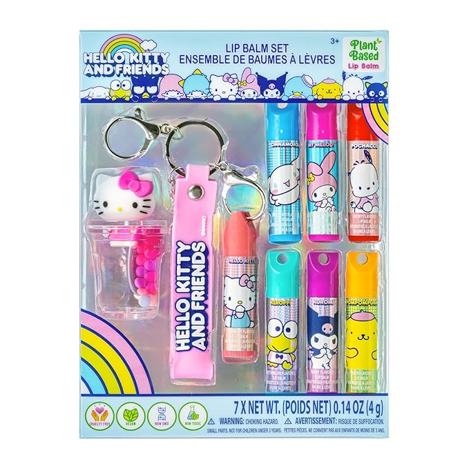 Townley Girl Hello Kitty and Friends 7 Pack Lip Balm with Keychain, Plant Based Lip Balm for Girls Kids