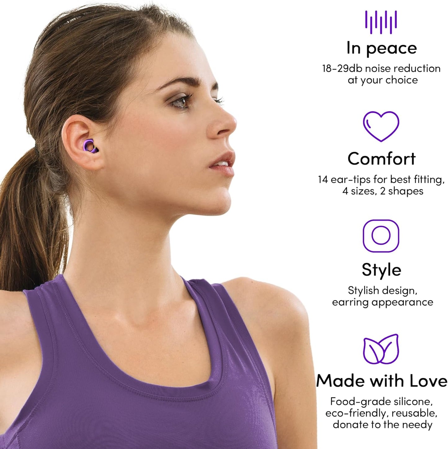 Audree Style Ear Plugs for Noise Reduction, Reusable High Fidelity Earplugs for Concerts, Musicians, Motorcycles, Study, Parent, Party, Flights & Noise Sensitivity, 18-29dB Noise Cancelling (Violet)