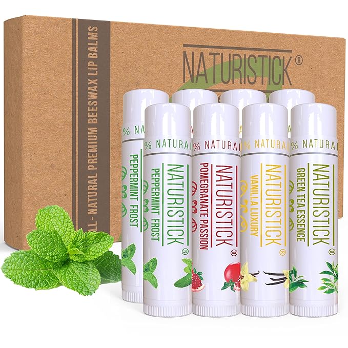 Naturistick Natural Beeswax Lip Balm 8-Pack | Assorted Flavors | Standard 0.15 oz Tubes