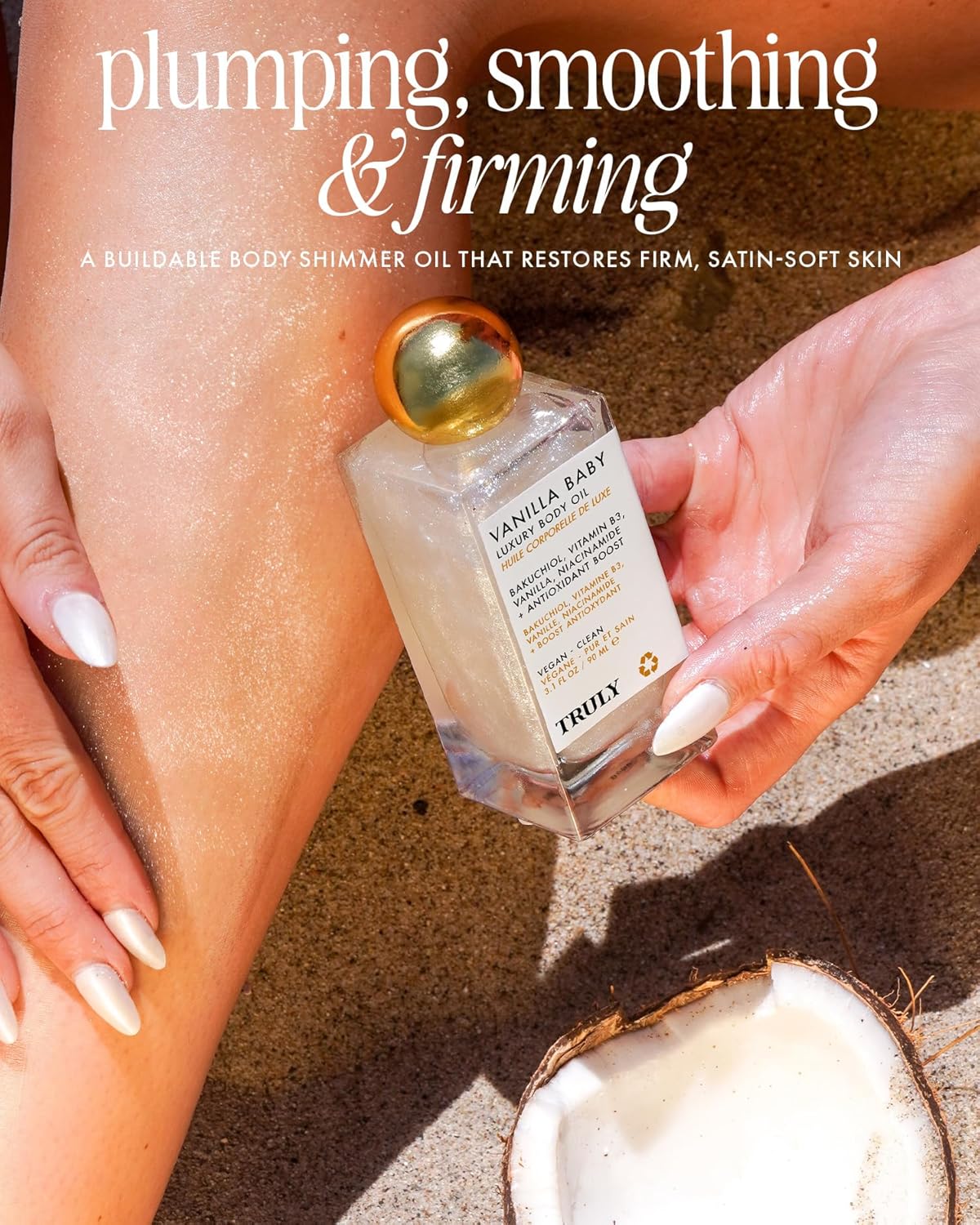 Truly Beauty Vanilla Baby Luxury Body Oil | Plumping Body Shimmer Oil for Hydration & Firmness | With Bakuchiol & Niacinamide for Collagen Boost | Vanilla, Pear & Caramel Scent | Radiant Glow