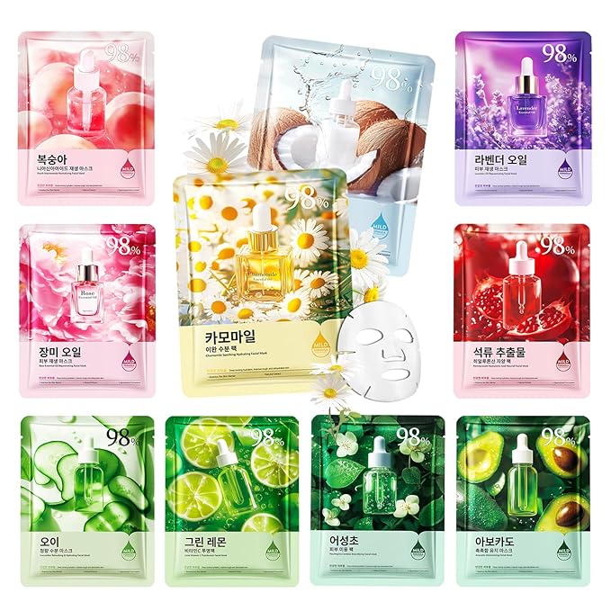 10 Pack Variety Facial Sheet Masks Skin Care Set, Hydrating Bulk Sheet Face Masks Skincare Gifts Set for Women Men, Long Lasting Moisturizing Face Mask Skincare for All Skin Type（12