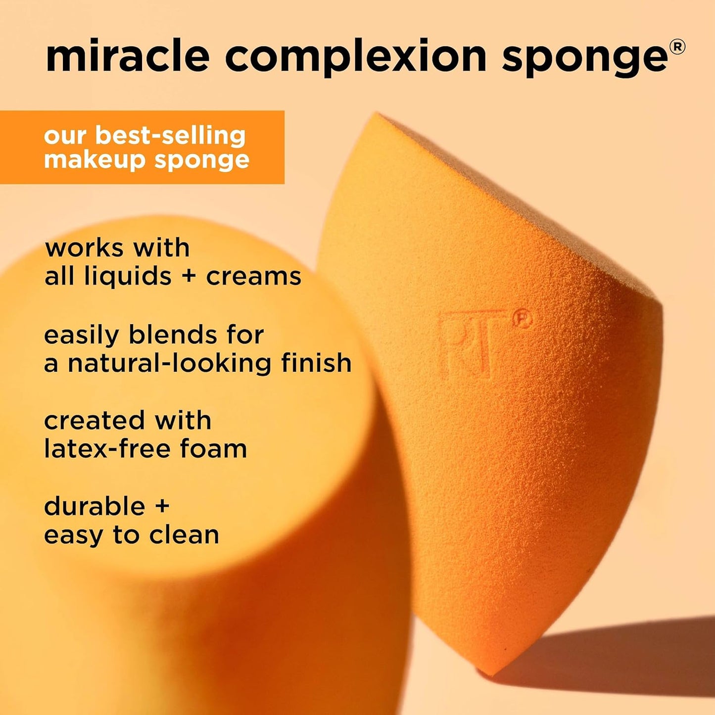 Real Techniques Miracle Complexion Sponge, Makeup Blending Sponge, For Liquid & Cream Foundation, Offers Light To Medium Coverage, Natural, Dewy Makeup, Orange Sponge, Latex-Free Foam, 1 Count