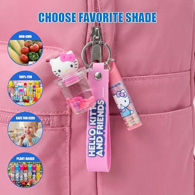 Townley Girl Hello Kitty and Friends 7 Pack Lip Balm with Keychain, Plant Based Lip Balm for Girls Kids