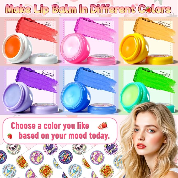 DIY Lip Balm Making Kit，Christmas Gift Idea for 8-12 Tweens & Teens,Gifts for Girls - Natural Lip Care Craft, Make Your Own Lip Balm with 2 Flavors,6 Color and Cute Stickers