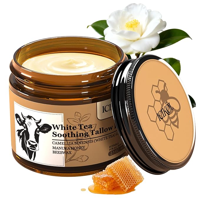 White Tea Grass-Fed Beef Tallow Balm for Men - Whipped Tallow Face Moisturizer & Beard Balm with Manuka Honey - Natural After Shave Care for Dry & Sensitive Skin, 2.1 oz