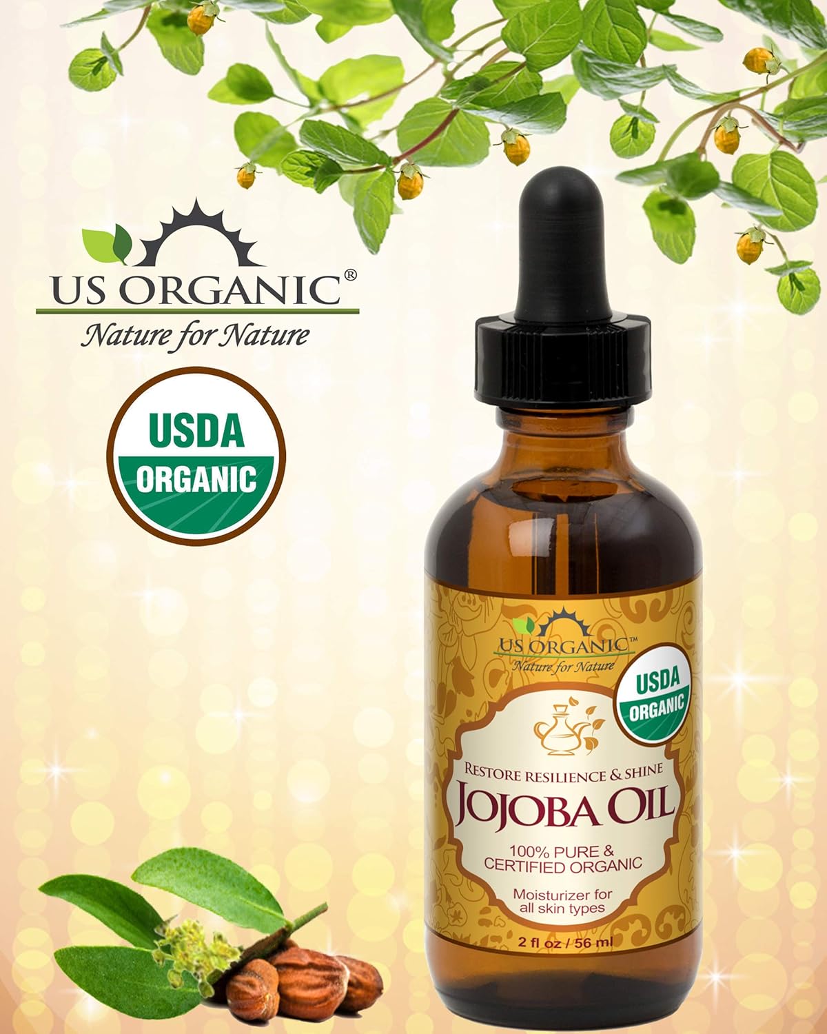 US Organic Jojoba Oil, USDA Certified Organic,100% Pure & Natural, Cold Pressed Virgin, Unrefined, Haxane Free, Sourced from Middle East directly (Small (2oz, 56ml))