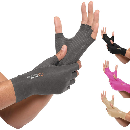 Copper Compression Arthritis Gloves | Fingerless Arthritis Carpal Tunnel Pain Relief for Men & Women | Hand Support Wrist Brace for Neuropathy, Rheumatoid, Tendonitis, Swelling, Crocheting, Typing Grey XL
