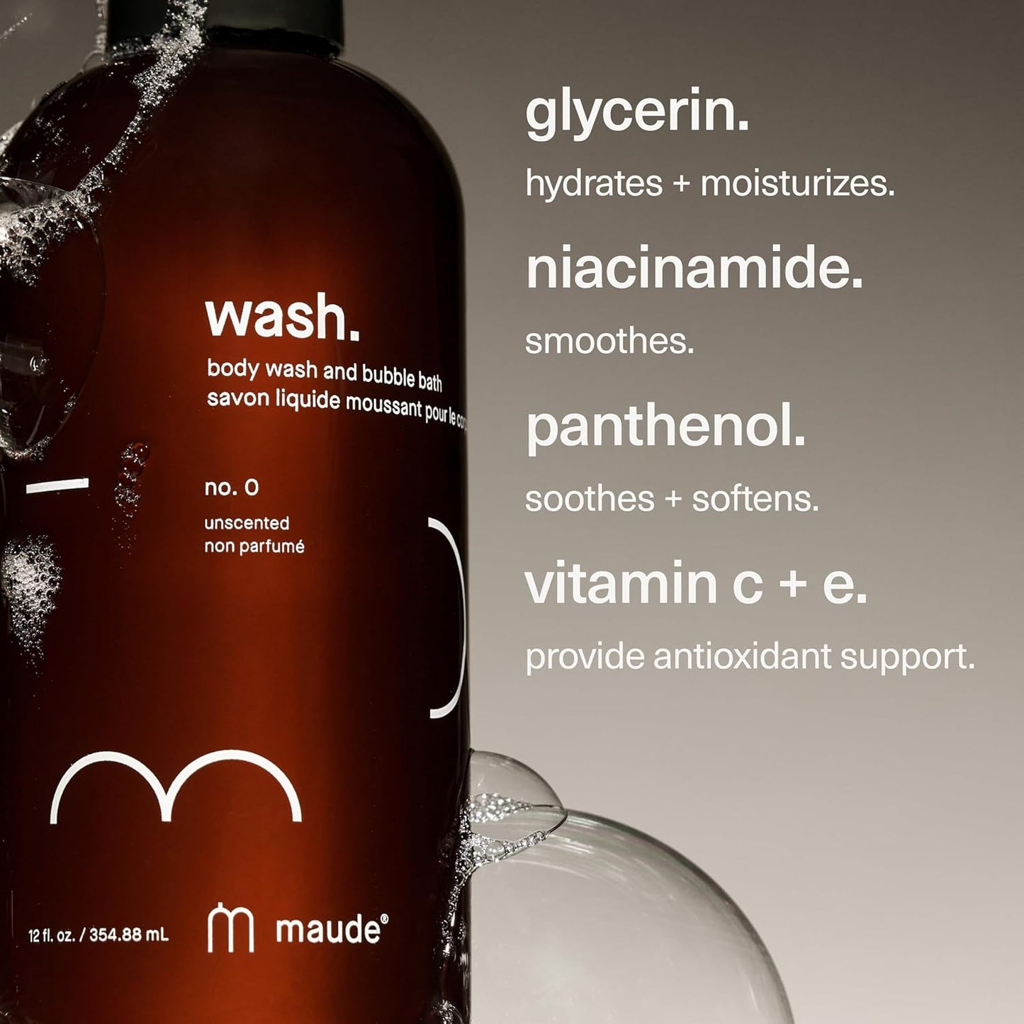 MAUDE Wash No. 0 - pH Balanced Moisturizing Body Wash & Bubble Bath - With Vitamin C & E for Whole-Body Skin & Feminine Care - Skin-Softening Shower Gel - Unscented (12 fl oz)