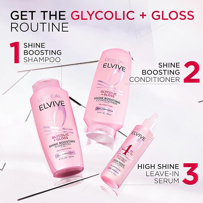 L'Oreal Paris Elvive Glycolic + Gloss High Shine Leave-In Hair Serum, Smooths Dull, Porous Hair Into High-Shine, Glossy Hair, 4.4 Fl Oz