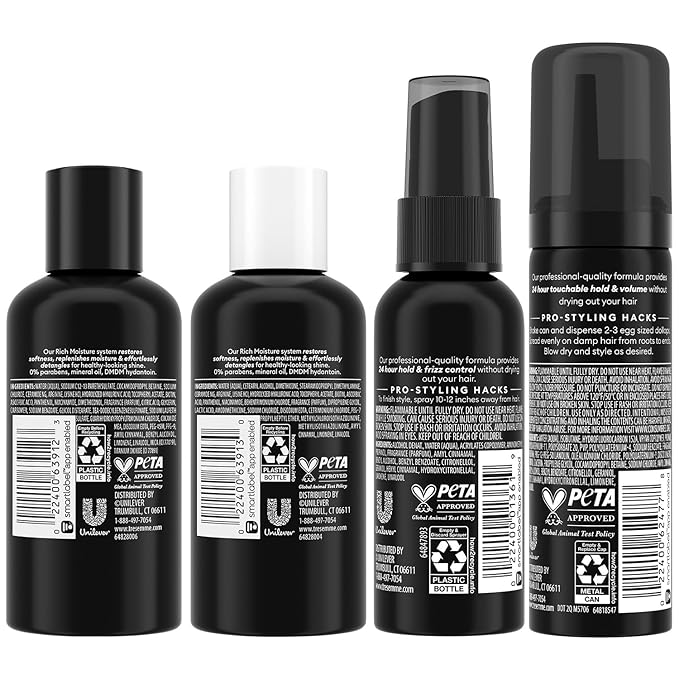 TRESemmé Travel Shampoo, Conditioner, Hairspray & Hair Mousse – Rich Moisture Hair Products + Non-Aerosol Hair Spray & Alcohol-Free Mousse, 24H Frizz Control (4 Piece Set)