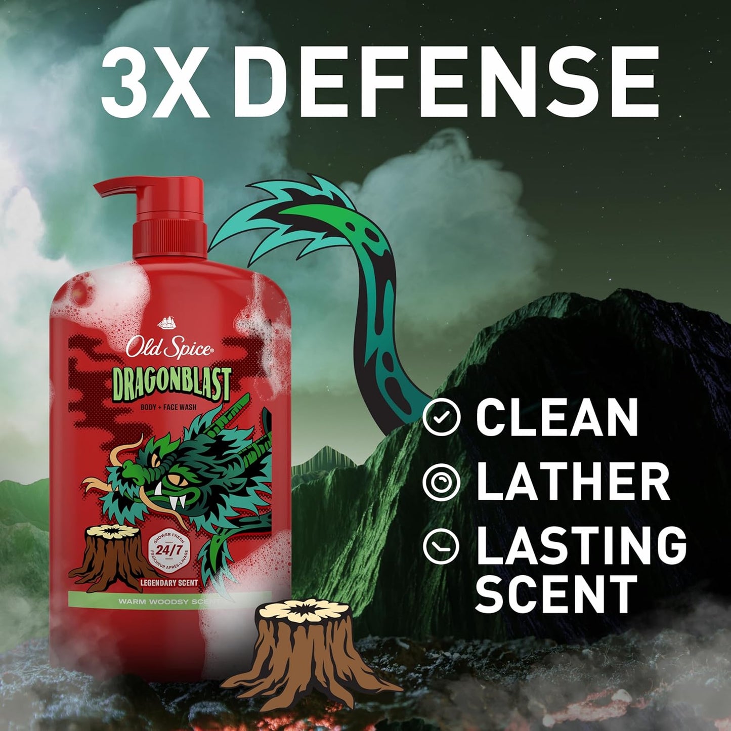 Old Spice Cleansing Body Wash for Men, 3X Defense, 24/7 Shower Fresh with Lasting Scent, 2-in-1 Body & Face Wash, Dragonblast Scent, 33.4 (Pack of 4)