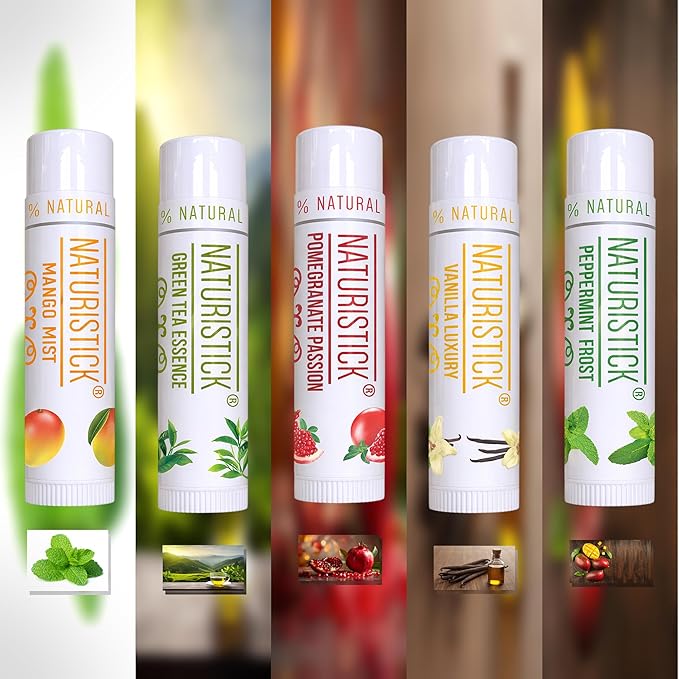 5-Pack Premium Beeswax Lip Balm by Naturistick | Chemical-Free, 100% Natural Chapstick for Dry, Chapped Lips | Made with Coconut Oil, Shea Butter, Aloe Vera | 5 Assorted Scents | Made in the USA