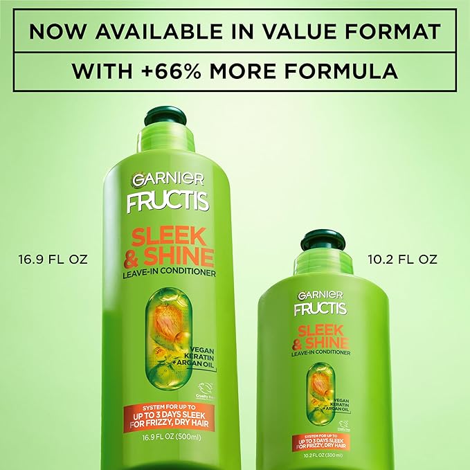 Garnier Fructis Sleek and Shine Intense Smooth Leave In Conditioner, Conditioning Hair Cream for Frizzy, Dry Hair, Plant Keratin + Argan Oil, Value Size, 16.9 Fl Oz