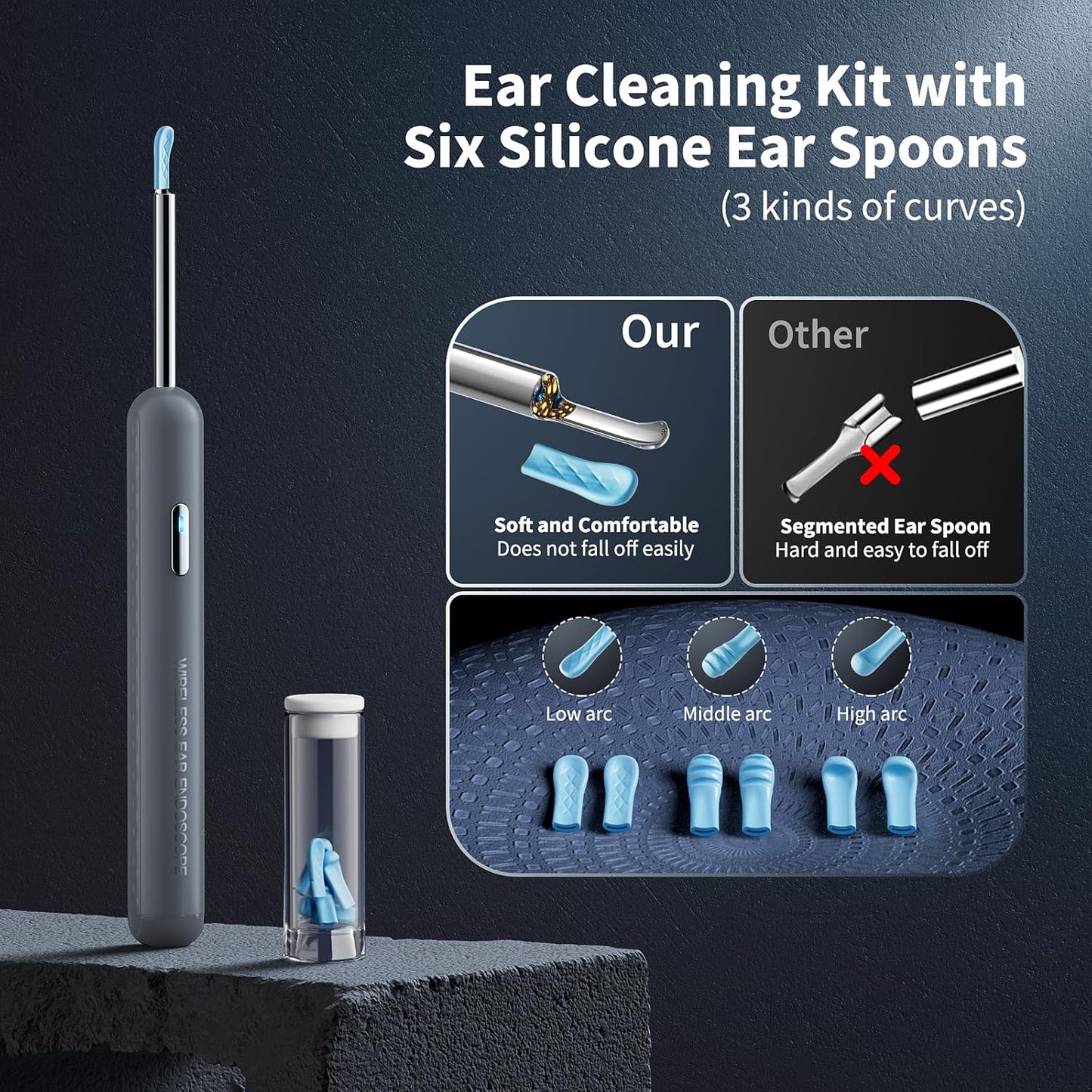 Ear Wax Removal, Ear Cleaner with Camera and Light, Ear Wax Removal Kit with 8 Pcs Set, Ear Wax Removal Tool Camera with 1080P, Ear Cleaning Kit with 6 Spoons, Ear Camera for iOS & Android (Gray)