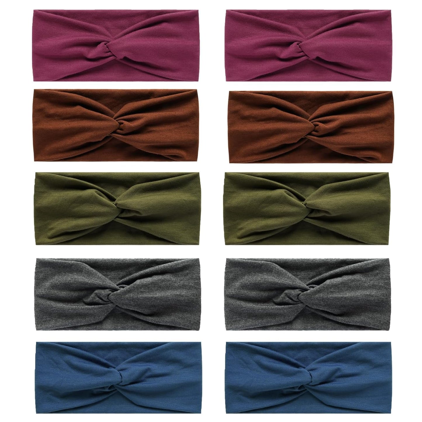 10 Pcs Wide Absorbent Sport Headbands for Women, Non-slip, Stretchy, Soft Cotton Twist Knotted Hair Bands for Daily Workout Yoga Running Sports, BC