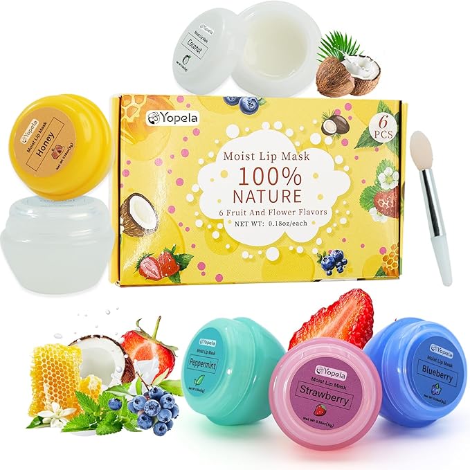 6 Pack Cute Lip Mask Sleeping Overnight for Dry Lips with Coconut Oil and Beeswax -Smoothing Hydrating Softening Plumoing Moisturizing with Small Lip Brush 6 Flavors Valentine's Gift for Women 0.18 Oz