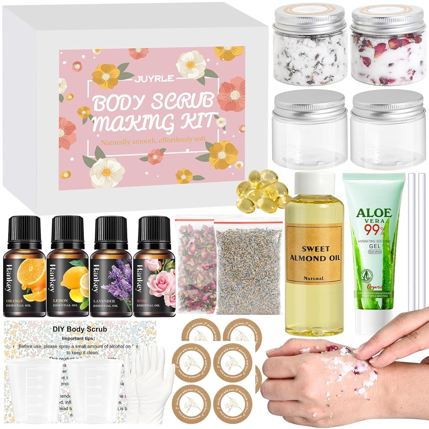 Body Scrub Making Kit- Make Your Own Salt Body Scrub with Almond Oil, Essential Oils, Moisturizing and Exfoliating Dry Skin, Hand, Foot, DIY Organic Body Scrubs Gifts For Women & Men