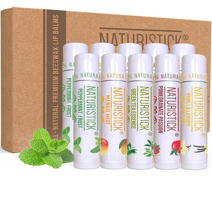 Naturistick Natural Beeswax Lip Balm 10-Pack | Assorted Flavors | Standard 0.15 oz Tubes
