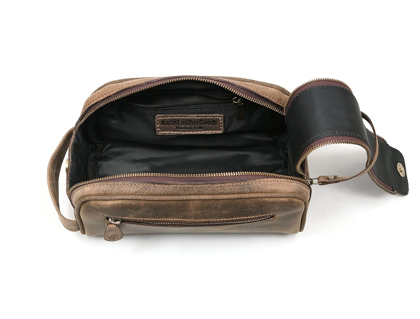 10" Premium Leather Toiletry Travel Pouch With Waterproof Lining Black Color | King-Size Handcrafted Vintage Shaving Kit By Aaron Leather Goods (Brown)