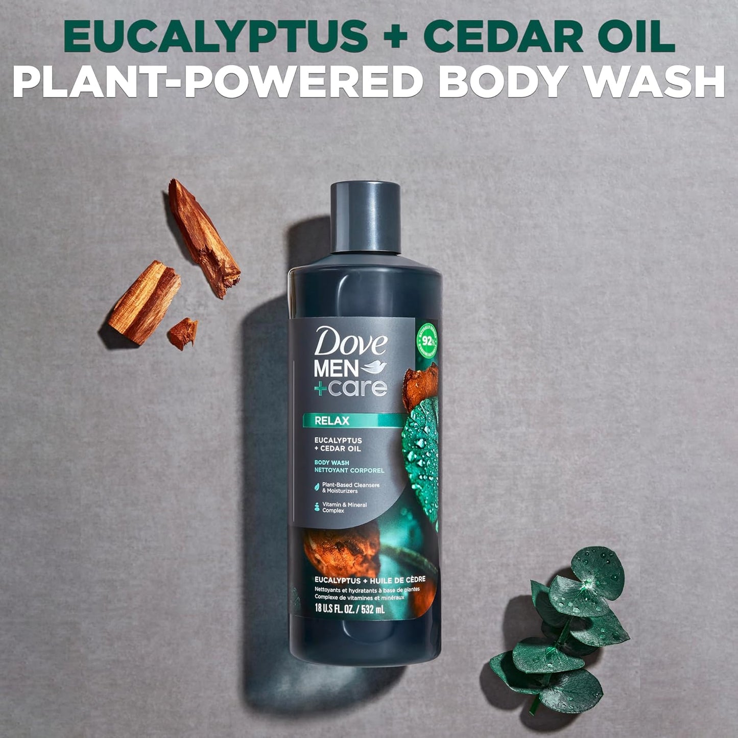 DOVE MEN + CARE Body 4 Count Wash Eucalyptus + Cedar Oil to Rebuild Skin in the Shower with Plant-Based Cleansers and Moisturizers 18 oz