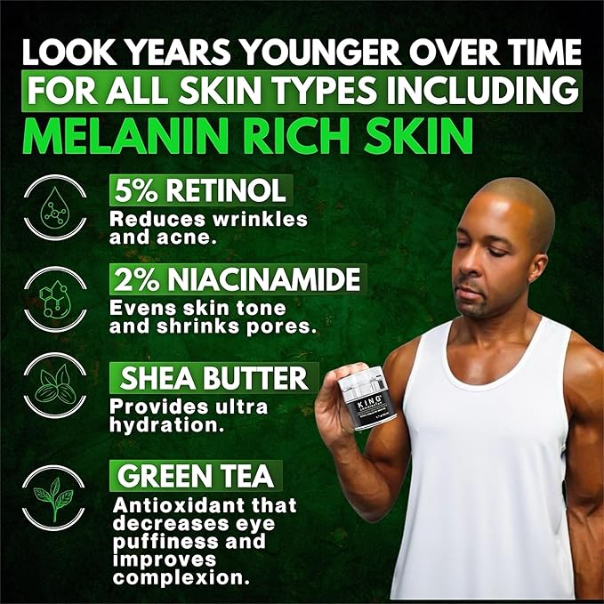 KING Complexion Mens Anti Aging Face Cream with Retinol – Organic Skin Care Face Moisturizer with Shea Butter – Non Greasy – Clean Ingredients, Lightweight – All Skin Types – Black Owned (1.7 oz)