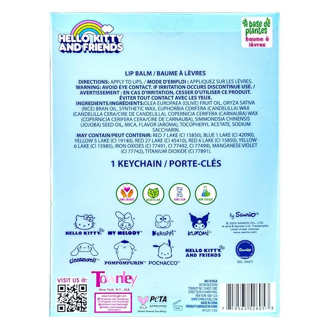 Townley Girl Hello Kitty and Friends 7 Pack Lip Balm with Keychain, Plant Based Lip Balm for Girls Kids