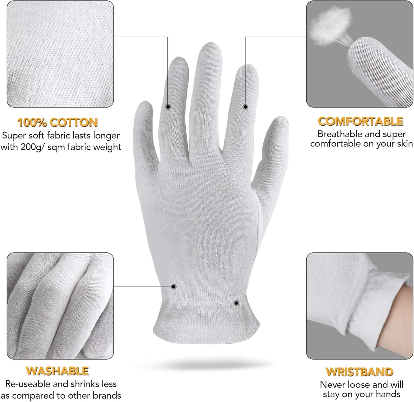 1 Size 10 Pairs 100% Premium Cotton Gloves for Dry Hands | Moisturizing Overnight Gloves for Eczema, Psoriasis & Skin Spa Treatment for Women & Men | Washable & Reusable with Free Laundry Bag