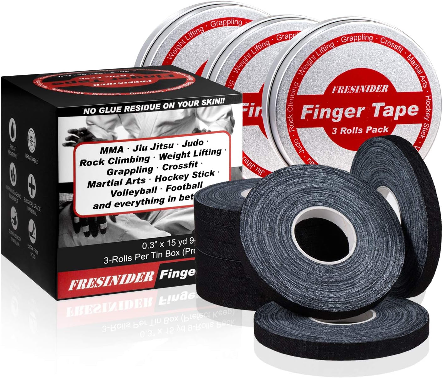 Finger Tape - Strong Athletic Tape | 0.3” x 45 Feet (9 Pack) Tin Set | No Sticky Residue | for Rock Climbing, BJJ Jiu Jitsu, Grappling, Judo, MMA, Rock Climbing and Martial Arts (Black)