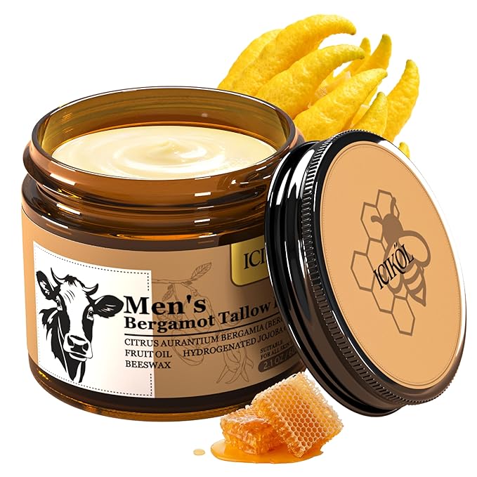 Grass-Fed Beef Tallow Balm for Men - Whipped Tallow Face Moisturizer & Beard Balm with Manuka Honey - Natural After Shave Care for Dry & Sensitive Skin, 2.1 oz