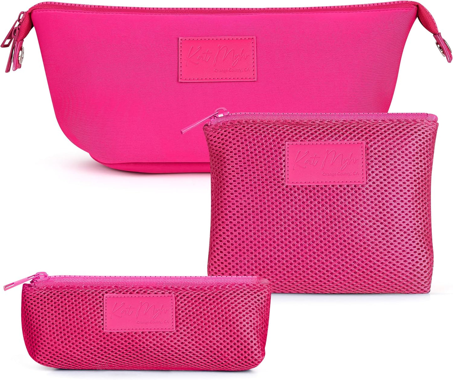 Kat Myhr Neoprene Washable Travel Makeup & Cosmetic Bag Set, 2 Air Mesh Pouches,100% Neoprene Toiletry Bag, Large Water Resistant Travel Bag for Toiletries, Makeup Cosmetic Travel Bag (Fuchsia Pink)