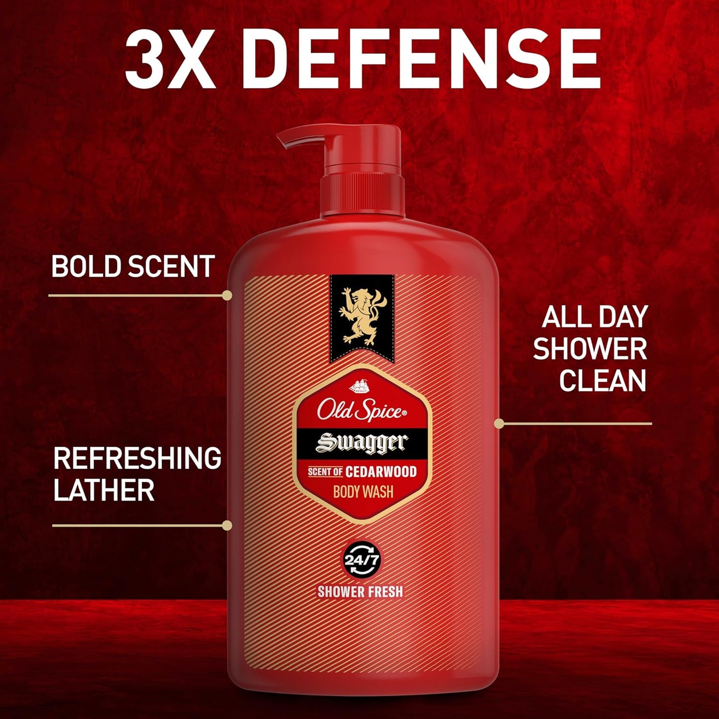 Old Spice Body Wash for Men, Refreshing 3X Defense, 24/7 Shower Fresh with Long Lasting Scent, Red Collection, Swagger with Cedarwood Scent, 33.4 oz (Pack of 4)