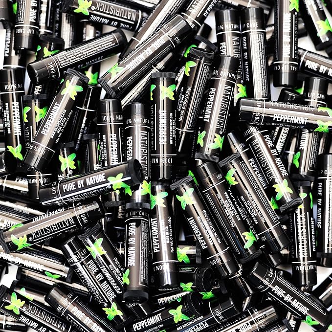 Naturistick Natural Beeswax Lip Balm | 150-Pack Bulk | Peppermint - Black Tubes | Standard 0.15 oz Tubes