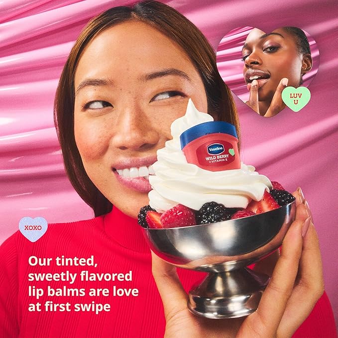 Vaseline Lip Therapy Mini Tinted Lip Balm Set, Valentine’s Day Limited Edition Rosé + Wild Berry with Vitamin E for Soft, Kissable Lips, 0.25 Oz Ea