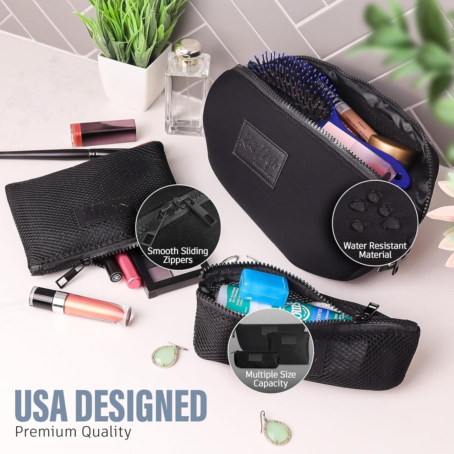 Kat Myhr Neoprene Washable Travel Makeup & Cosmetic Bag Set, 2 Air Mesh Pouches,100% Neoprene Toiletry Bag, Large Water Resistant Travel Bag for Toiletries, Makeup Cosmetic Travel Bag (Jet Black)