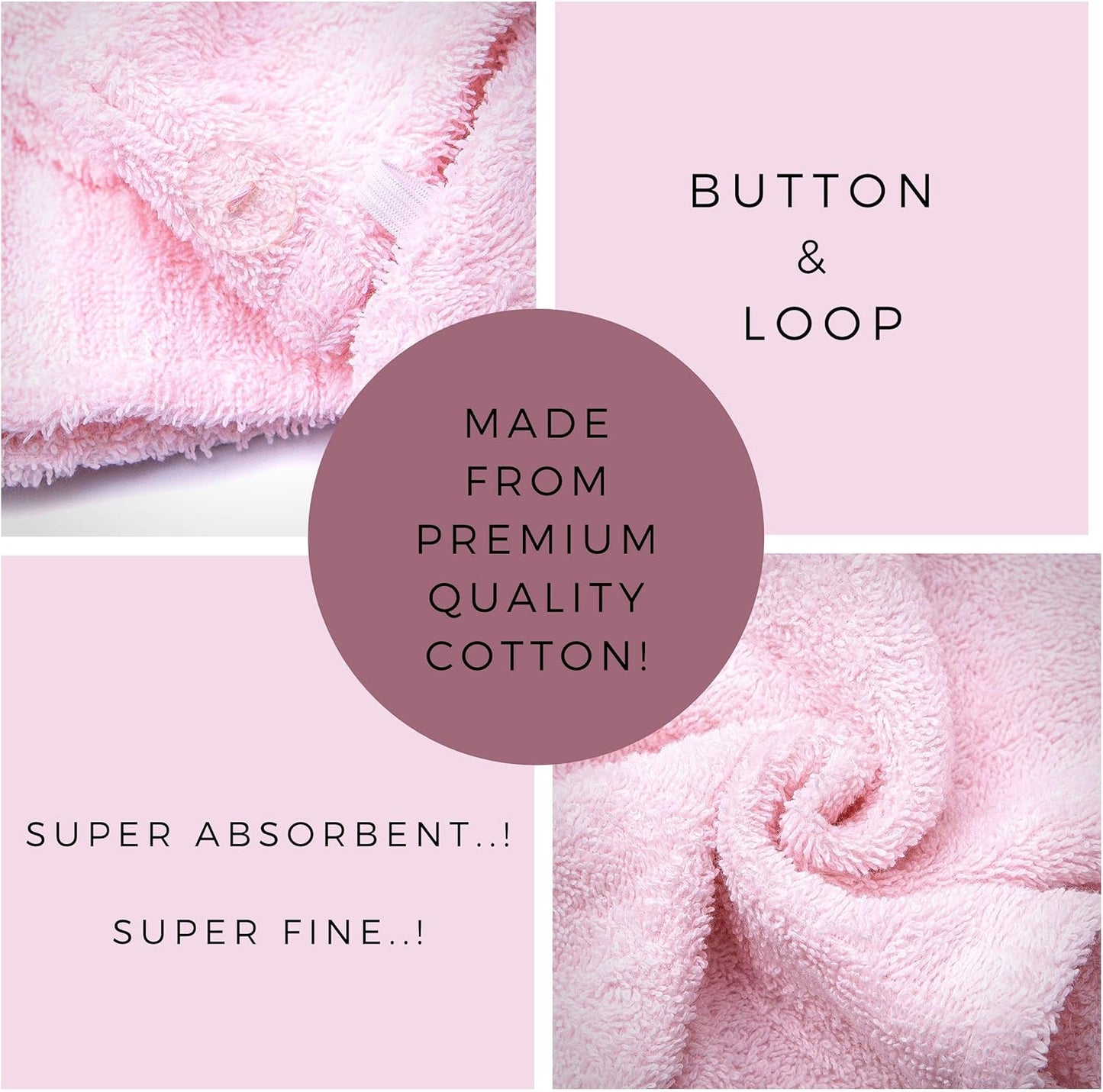 KEEPOZ Hair Towel Wrap Quick Dry 100% Cotton Super Absorbent Turban Head Wrap for Women with Button, Non Microfiber Anti Frizz Hair Products, Hair Cap for Curly, Long & Thick Hair (Pink, 1 Pc)