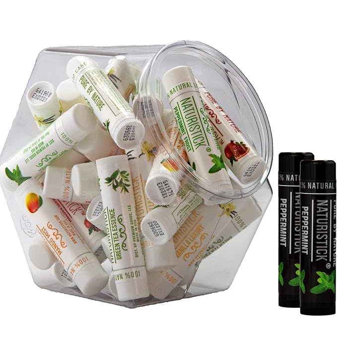 Naturistick Natural Beeswax Lip Balm | 32-Pack Assorted | Fishbowl Set | Standard 0.15 oz Tubes